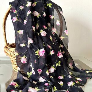 Vintage Italian Silk Scarf | Black with Pink Roses Sheer Chiffon Long 60x17 EUC